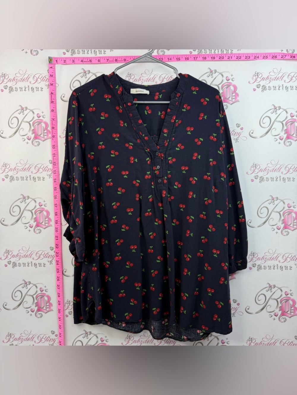 mandee blouse cherries 🍒 printed flowy shirt Navy Blouse with Red Cherry Print